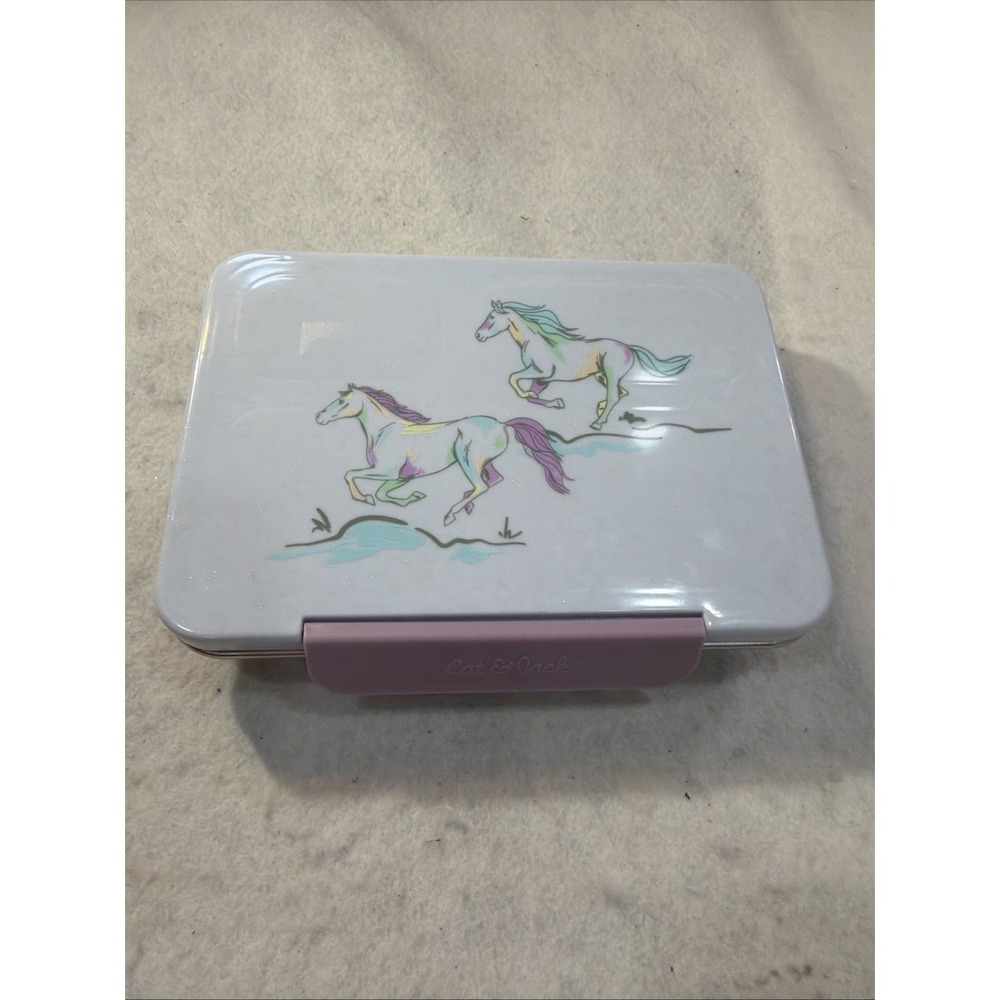 Cat & Jack Kids Purple Lunch Box 4 Compartment Snap Lid Plastic & Metal Horses‎